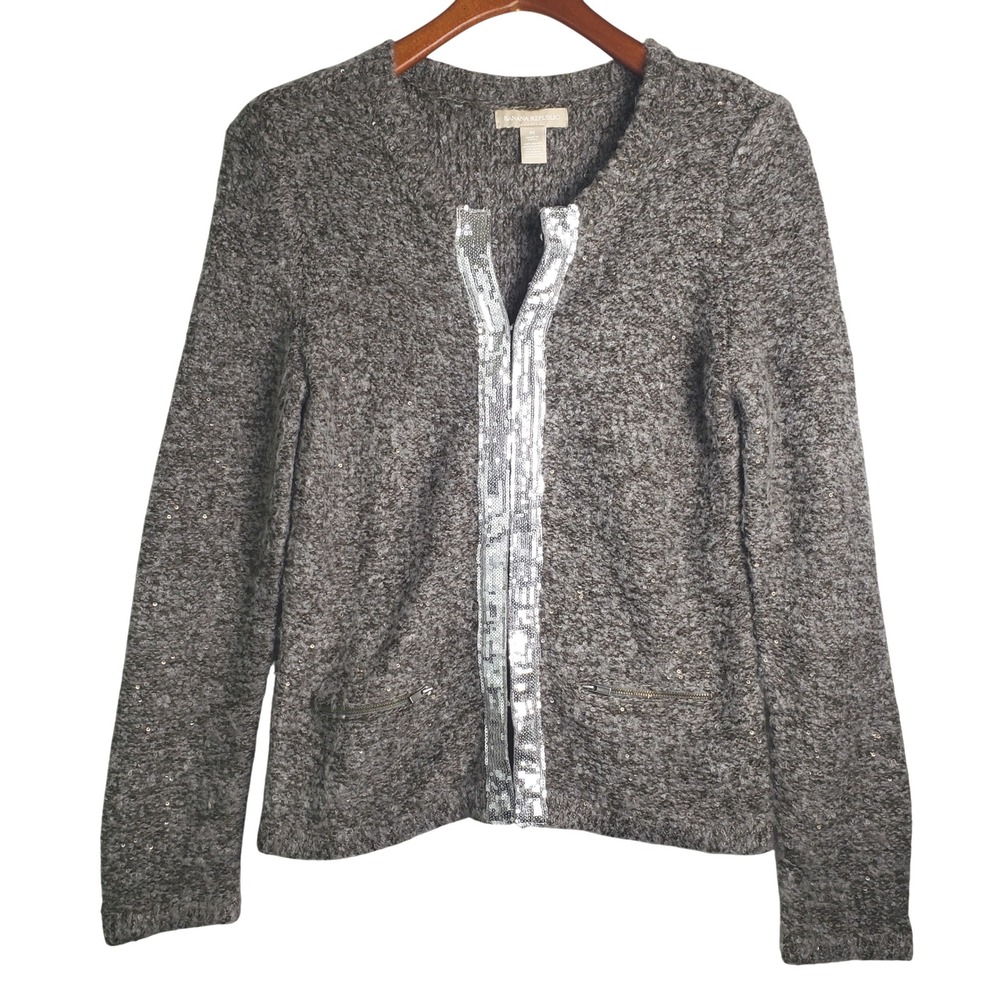 Banana Republic Sweater‎ Cardigan Sequin Detail Gray Heather Mohair Blend. Med